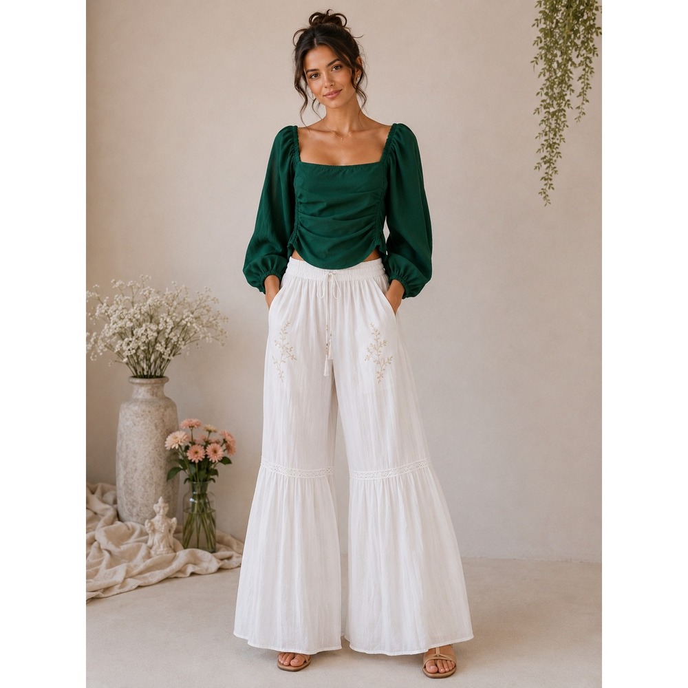 Emerald Green Off Shoulder Smocked Crop Top Puff Sleeve Boho Cottagecore‎ M